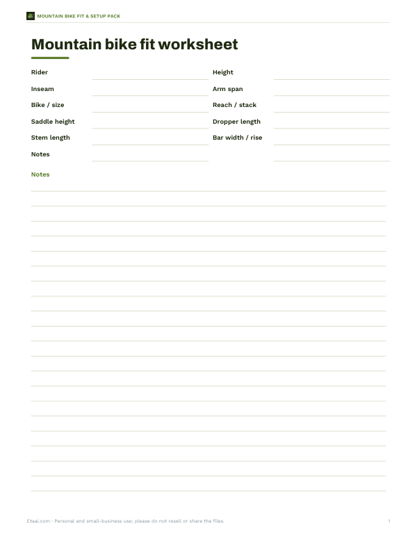 Preview of Printable Mountain Bike Fit Worksheet