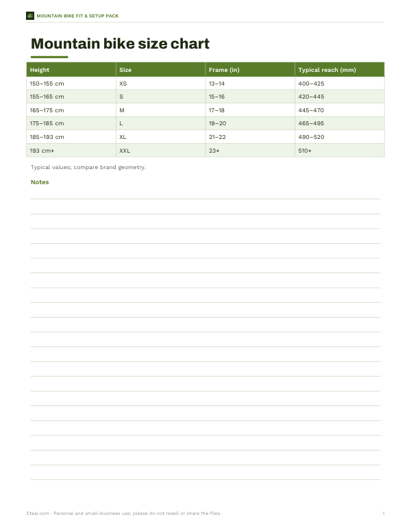 Preview of Printable MTB Size Chart